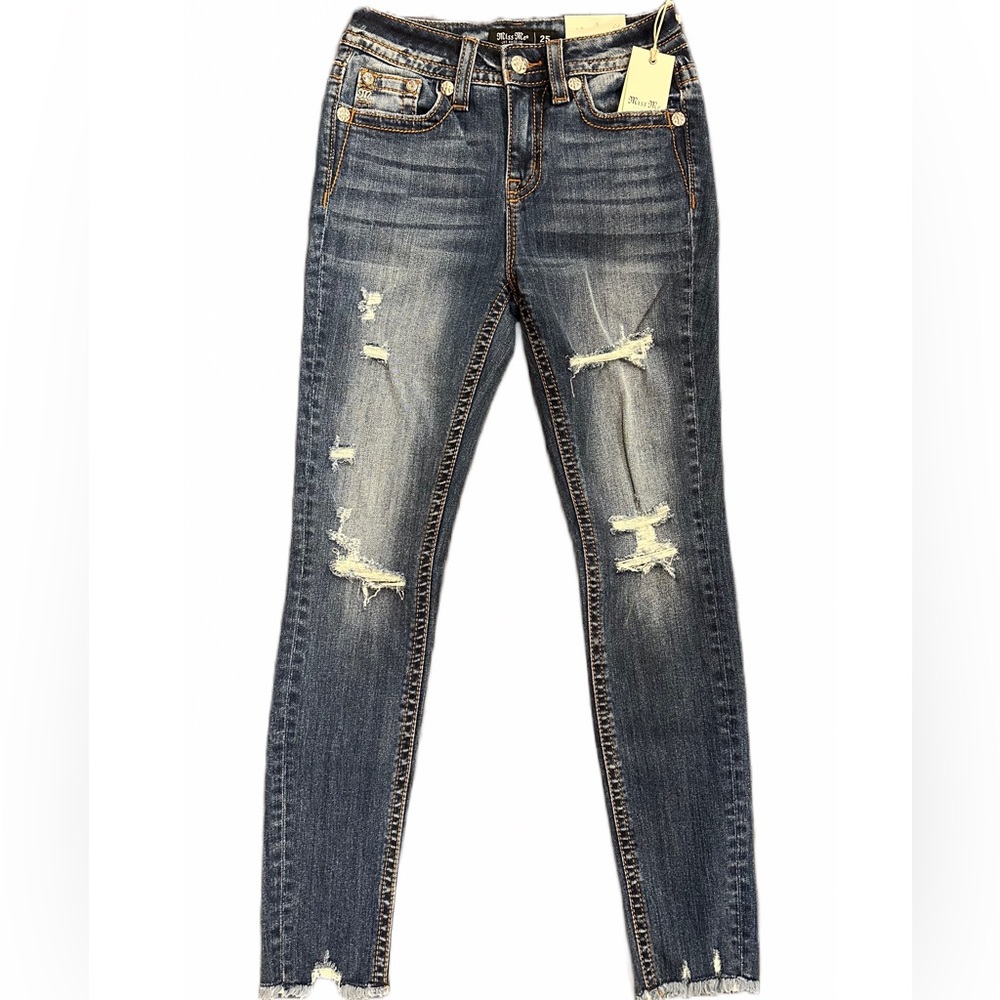 NWT Miss Me High Rise Skinny Dark Blue Distressed Denim Size 27 NWT